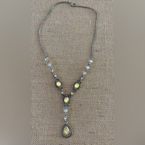 Vtg Avon SH Necklace 16” Silver Tone Y Drop Yellow & White Stone
